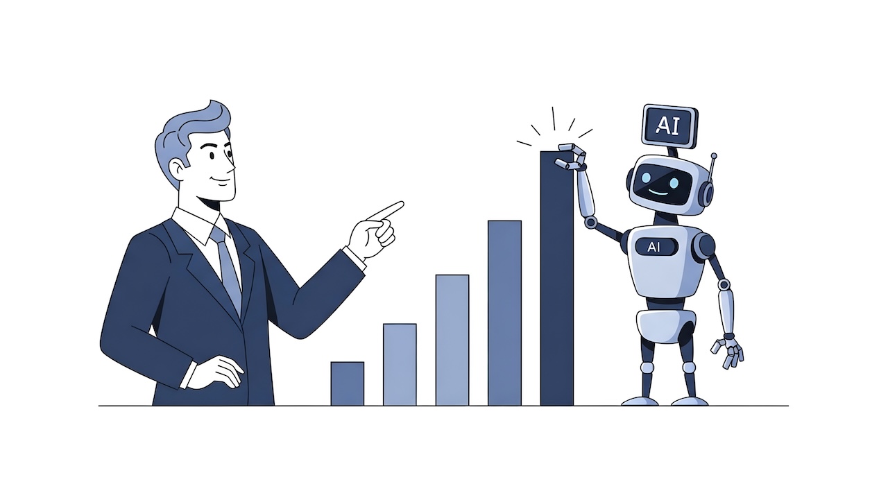 Illustration zum Konzept von KI-Datenanalyse und Unternehmenswachstum mit einem Roboter, der ein Gewinn-Balkendiagramm für eine Präsentationsgrafik zum finanziellen Erfolg optimiert.