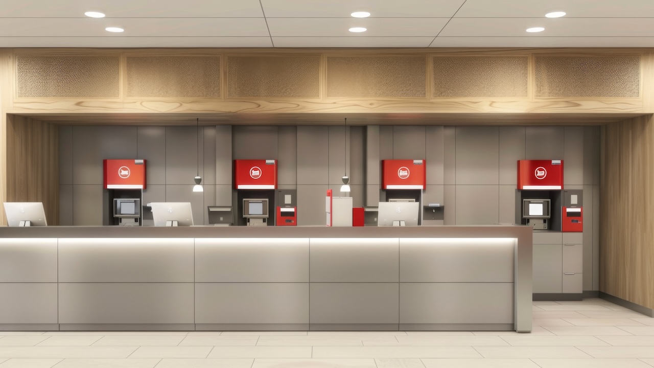 Moderne, leere Bankfiliale mit mehreren roten Selbstbedienungs- und Service-Terminals hinter einem langen weißen Empfangstresen. Die Innenarchitektur wirkt minimalistisch und hochwertig, mit warmen Holzelementen, heller Beleuchtung und klaren Linien.