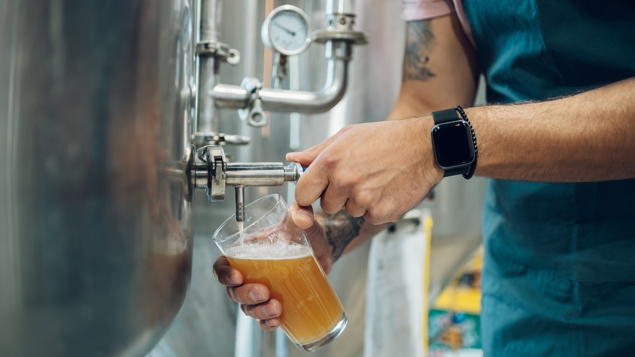 Portrait of a bearded man working in a brewery and checking quality of the craft beer. Brewery owner tasting beer from the best bach. Cropped shot of a man filling a glass of beer on a tap.