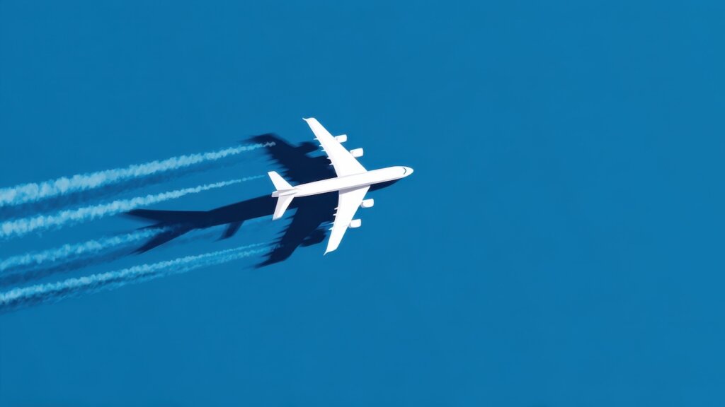 Flugzeug von oben über einem azurblauen Himmel.