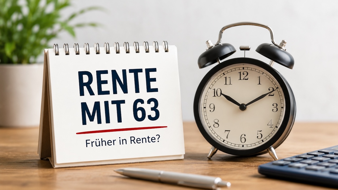 Kalender mit der Aufschrift „Rente mit 63“ neben Wecker und Taschenrechner symbolisiert den früheren Renteneintritt und die Planung des Ruhestands.