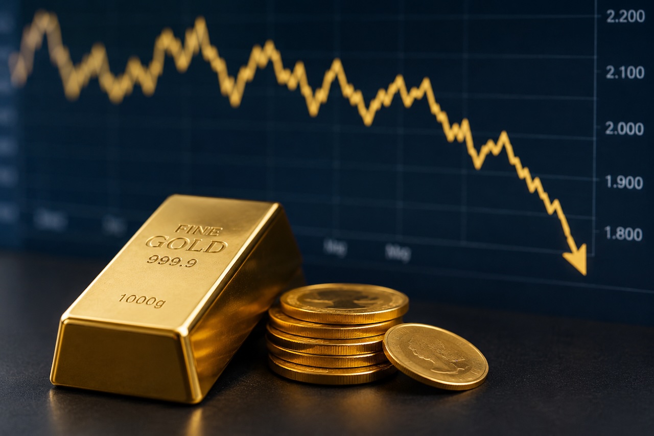 Goldbarren und -münzen und ein Preischart, der fällt