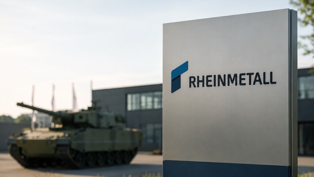 Rheinmetall-Schild neben einem Panzer