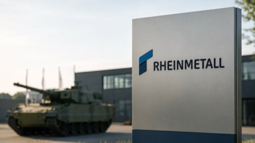 Rheinmetall-Schild neben einem Panzer