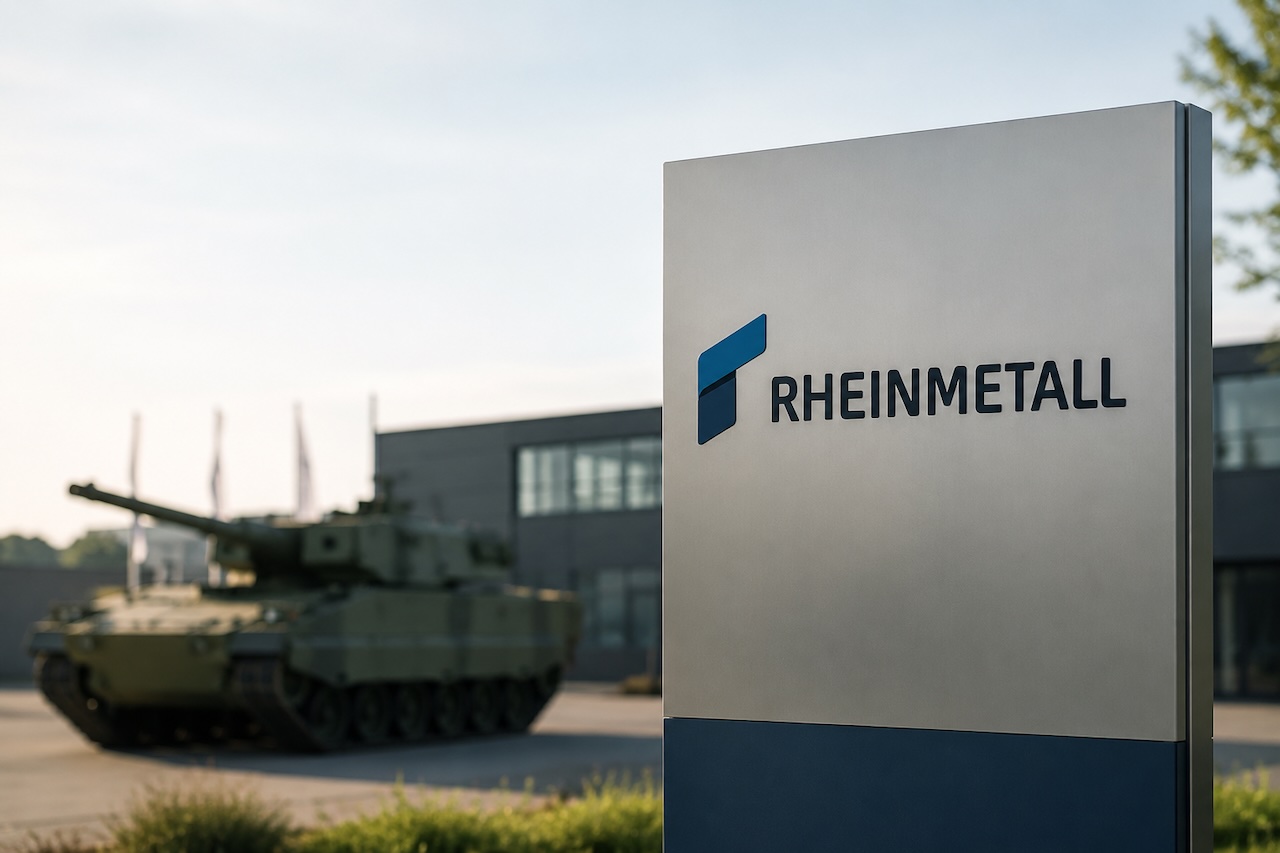 Rheinmetall-Schild neben einem Panzer