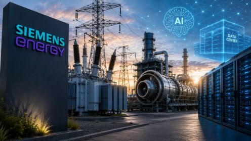Siemens Energy Firmenschild vor Energie-Infrastruktur