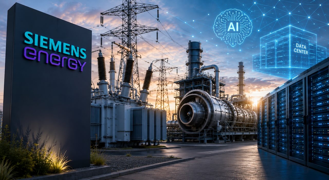 Siemens Energy Firmenschild vor Energie-Infrastruktur