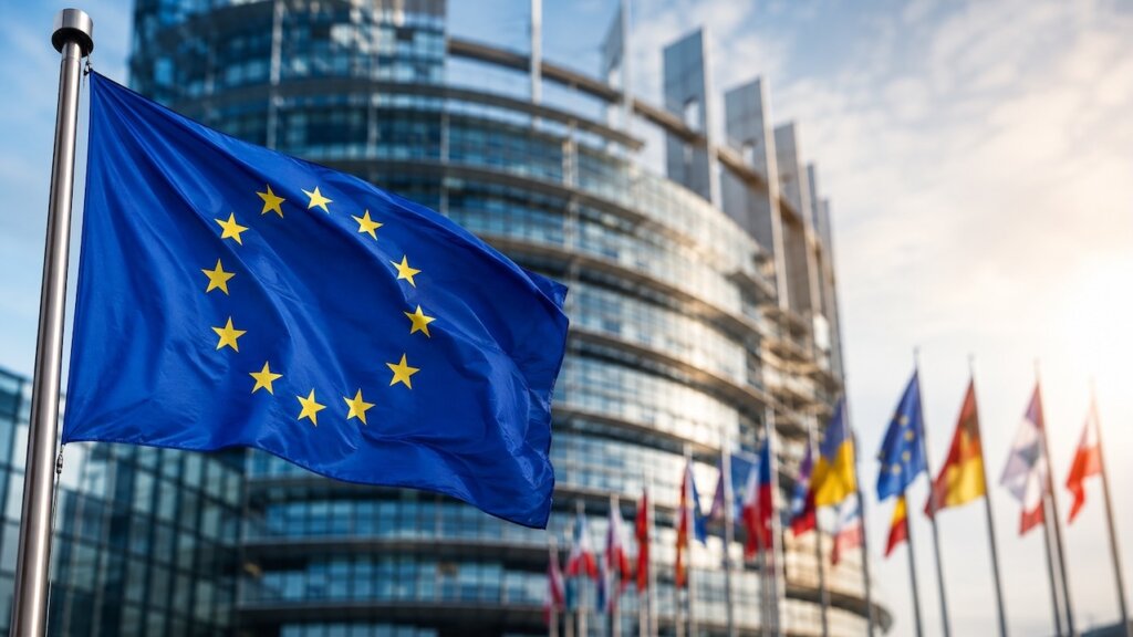 EU-Flagge vor dem Europäischen Parlament in Brüssel symbolisiert Transparenz, Regulierung und wirtschaftspolitische Entscheidungen der Europäischen Union.