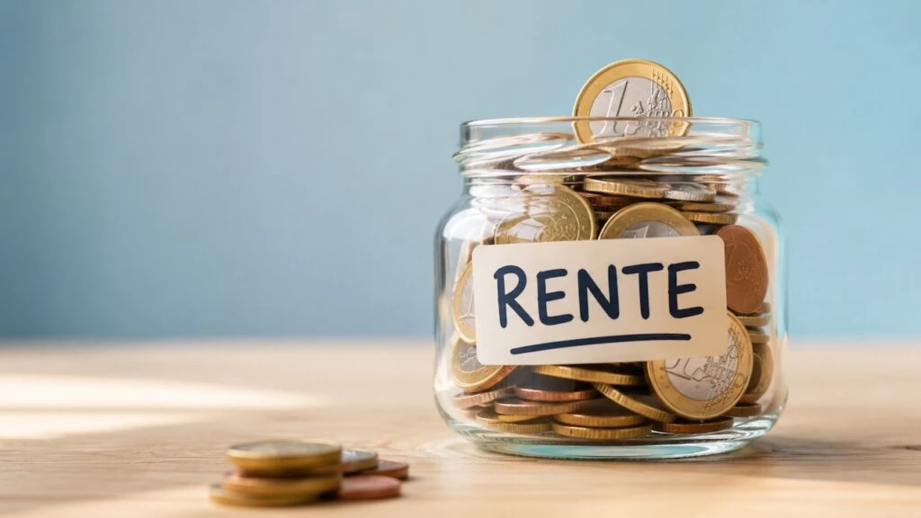 Glas mit Euromünzen und der Aufschrift „Rente“ symbolisiert höhere Rentenzahlungen und mögliche Nachzahlungen durch die Mütterrente III.
