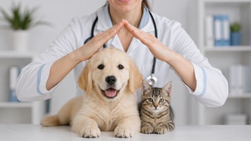 Veterinary care concept with dog and cat under protective hands in clinic, animal insurance and wellness.