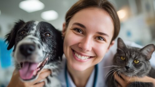Tierbesitzerin mit Hund und Katze