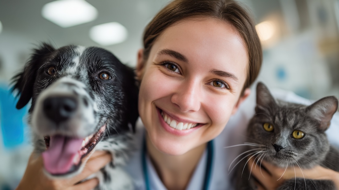 Tierbesitzerin mit Hund und Katze
