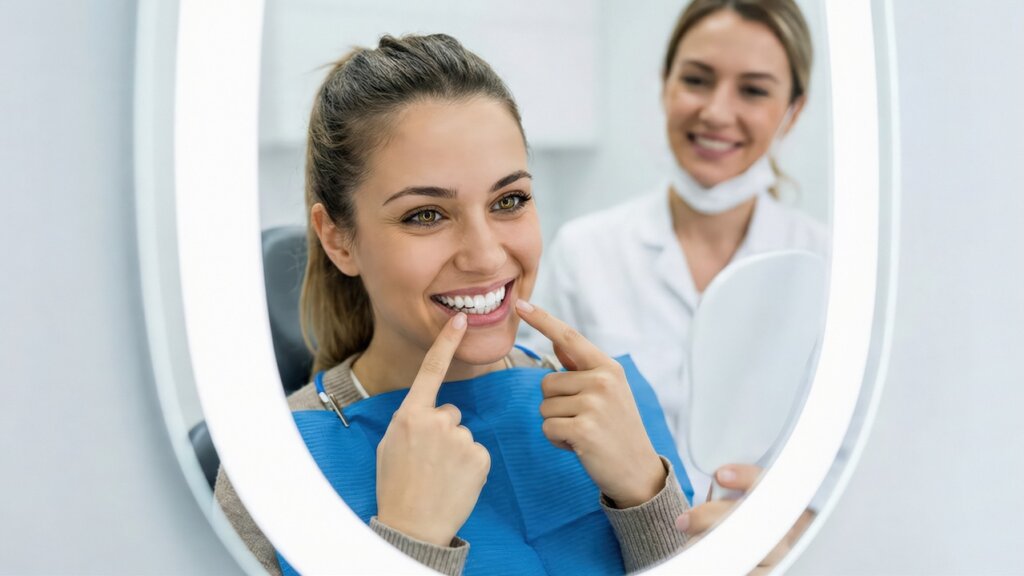 A happy young woman sitting in a dental chair checks her beautiful white smile in a mirror while a female dentist stands in the background Generative AI image