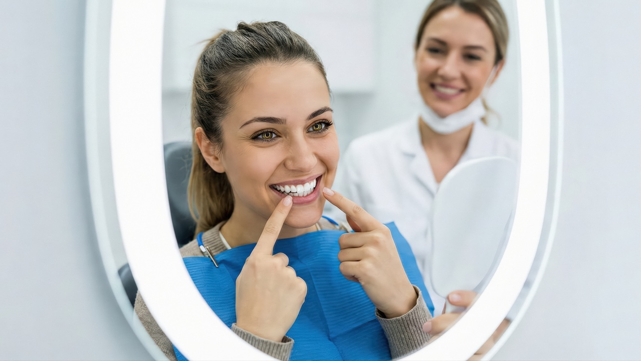 A happy young woman sitting in a dental chair checks her beautiful white smile in a mirror while a female dentist stands in the background Generative AI image