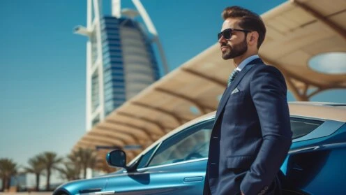 Ein kaukasischer Geschäftsmann mit leichtem Bart steht vor einem teuren Auto in Dubai. Hochwertiges Foto, Vermögen, Geld, Millionär, Geldanlage,