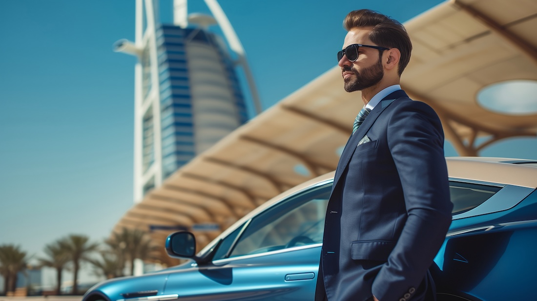 Ein kaukasischer Geschäftsmann mit leichtem Bart steht vor einem teuren Auto in Dubai. Hochwertiges Foto, Vermögen, Geld, Millionär, Geldanlage,
