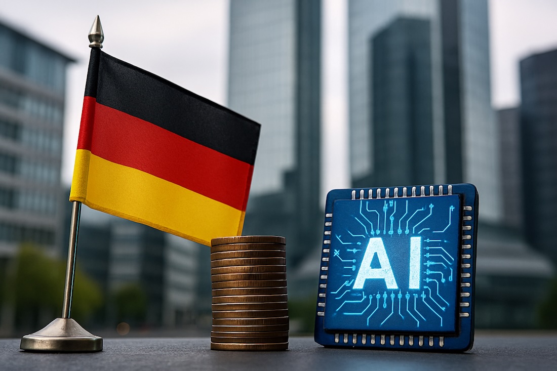 Die deutsche Flagge vor den Banktürmen in Frankfurt.