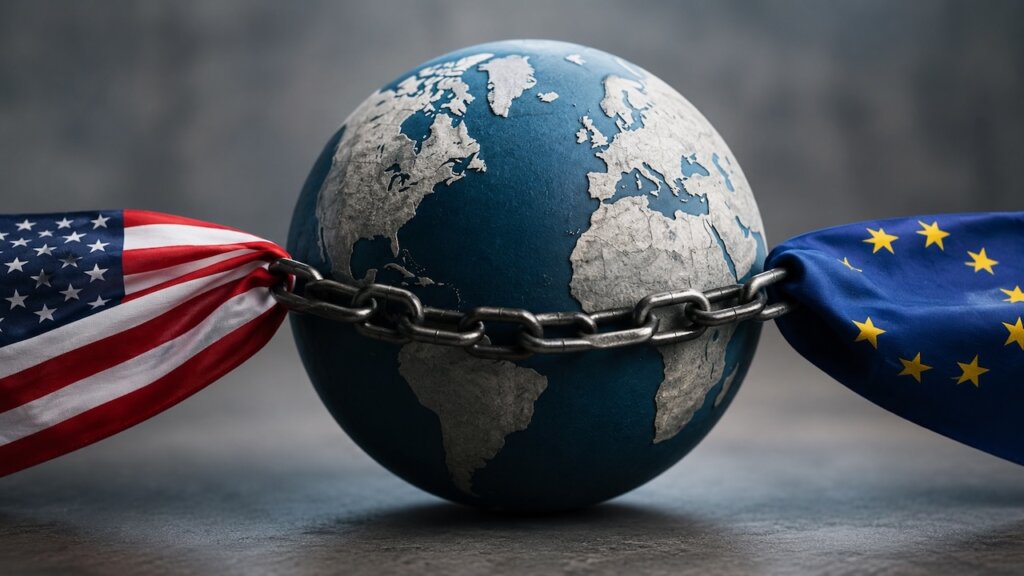 Globus zwischen US- und EU-Flagge, umspannt von einer Metallkette als Symbol für Handelskonflikte und politische Risiken.