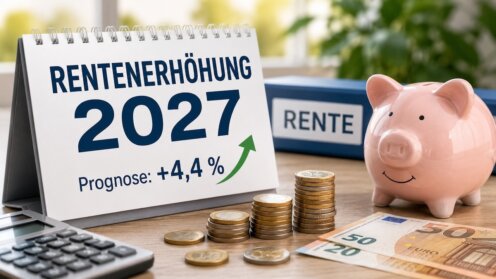 Sparschwein, Euro-Münzen und Rentenunterlagen symbolisieren die erwartete Rentenanpassung im Jahr 2027.