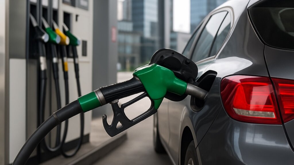 Zapfpistole steckt in einem Auto an einer Tankstelle; im Hintergrund sind weitere Kraftstoffsäulen zu sehen.