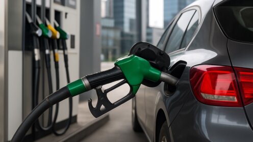 Zapfpistole steckt in einem Auto an einer Tankstelle; im Hintergrund sind weitere Kraftstoffsäulen zu sehen.