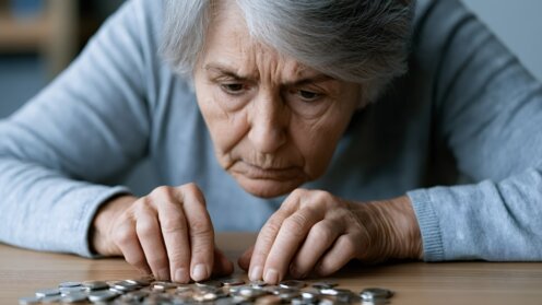 Seniorin zählt ihre Centmünzen. Sie muss das Geld zusammenhalten.