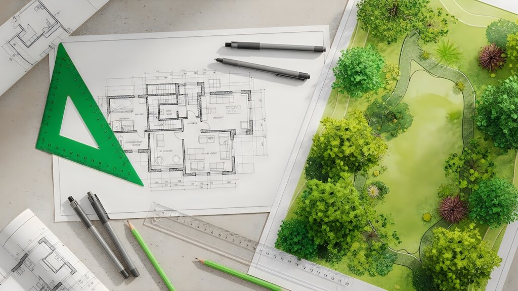 Grundrisszeichnung neben Grünanlagen-Modell