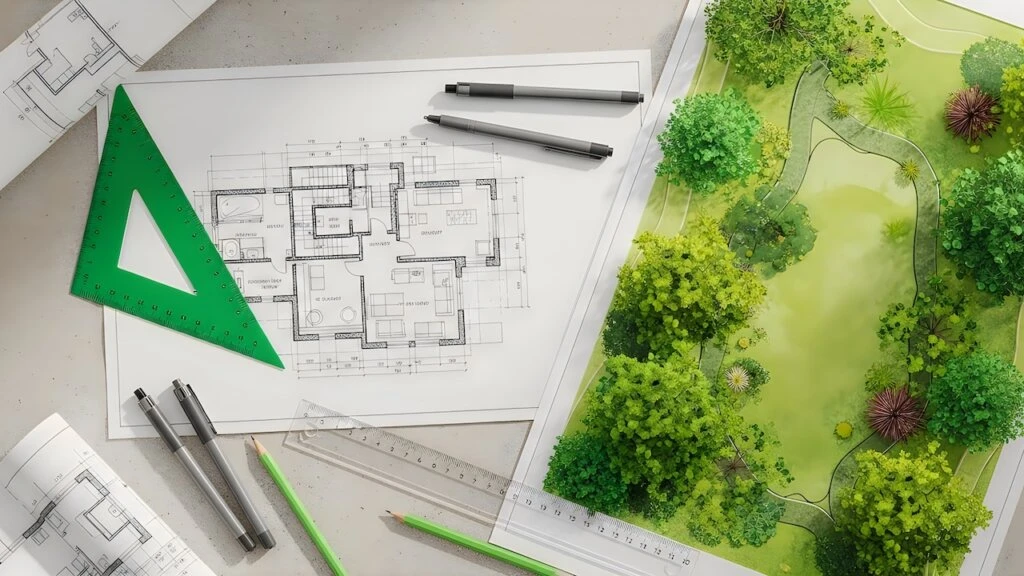 Grundrisszeichnung neben Grünanlagen-Modell