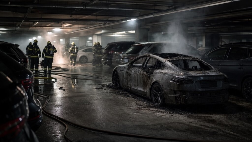 Verkohltes Elektroauto in Tiefgarage, umgeben von geparkten Fahrzeugen, Feuerwehrleute mit Ausrüstung im Hintergrund, Rauch steigt auf, nasse Bodenfläche.