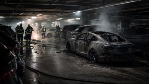 Verkohltes Elektroauto in Tiefgarage, umgeben von geparkten Fahrzeugen, Feuerwehrleute mit Ausrüstung im Hintergrund, Rauch steigt auf, nasse Bodenfläche.