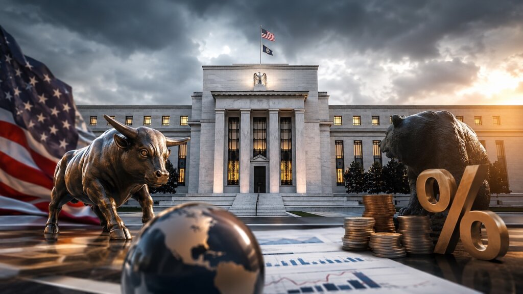 Symbolbild zur Fed-Zinsentscheidung mit dem Gebäude der US-Notenbank sowie Bullen- und Bärenfigur als Sinnbild für die Auswirkungen hoher Zinsen auf verschiedene Anlageklassen.