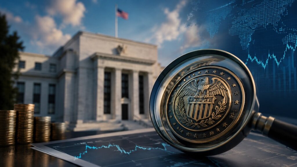 Symbolbild zur Fed-Zinsentscheidung mit Federal-Reserve-Gebäude, Finanzgrafiken und Lupe auf einem US-Wappen.