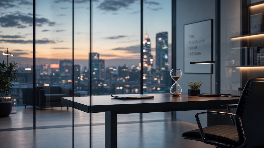 Minimalistischer Büroraum bei Dämmerung mit geschlossenem Laptop, Sanduhr, Schreibtischlampe und Stadtblick durch Glaswand.
