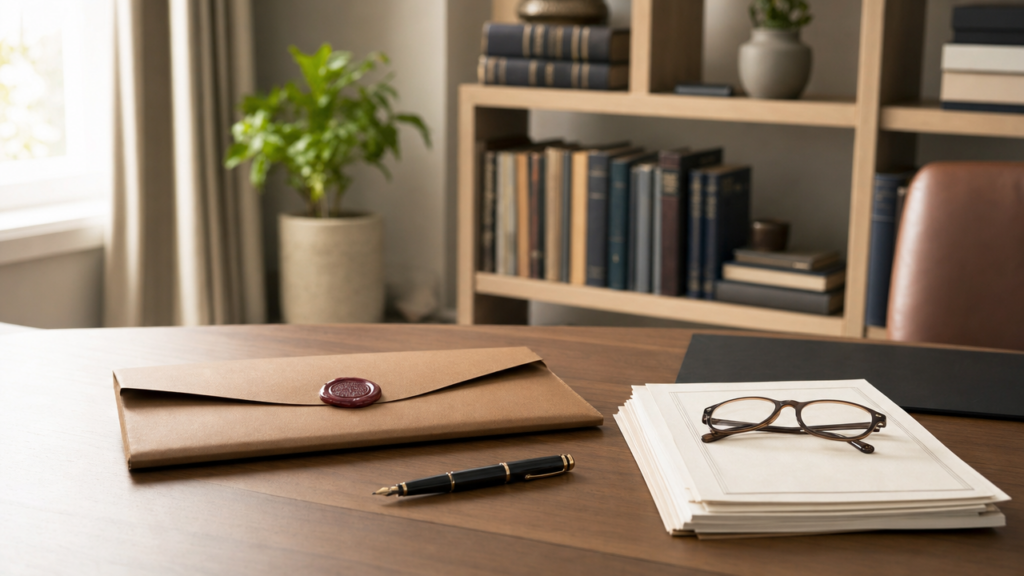Holzschreibtisch mit braunem Umschlag mit rotem Wachssiegel, Stapel offizieller Dokumente mit Lesebrille und Füllfederhalter, Bücherregal und Pflanze im Hintergrund.