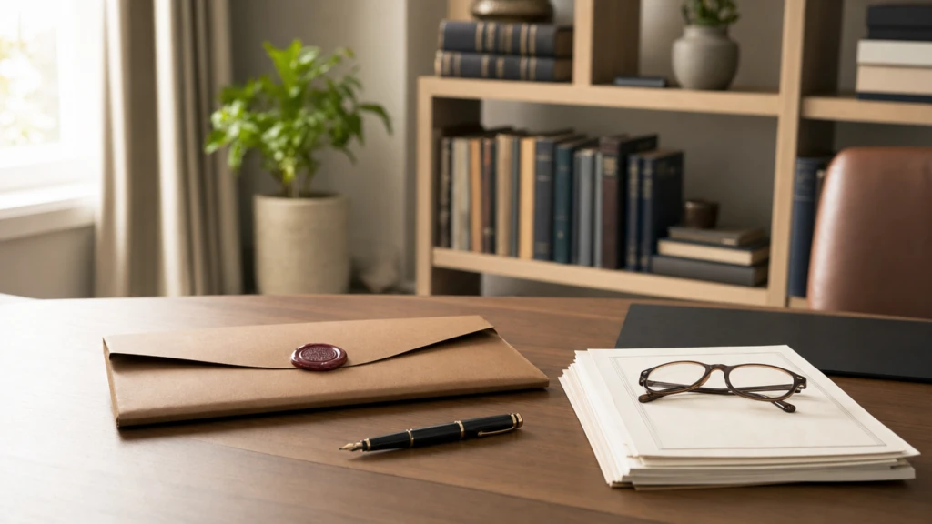 Holzschreibtisch mit braunem Umschlag mit rotem Wachssiegel, Stapel offizieller Dokumente mit Lesebrille und Füllfederhalter, Bücherregal und Pflanze im Hintergrund.