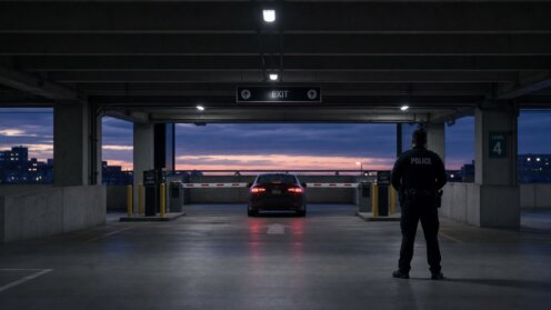 Polizeibeamter steht vor geschlossenem Ausgang in Parkhaus, das keine rechtsfreie Zone ist.