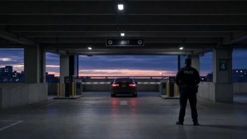 Polizeibeamter steht vor geschlossenem Ausgang in Parkhaus, das keine rechtsfreie Zone ist.