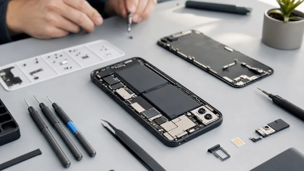 Zerlegtes Smartphone auf Werkbank mit geöffnetem Gehäuse, sichtbaren internen Komponenten, Werkzeugen und Ersatzteilen, Hände im Hintergrund unscharf.