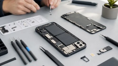 Zerlegtes Smartphone auf Werkbank mit geöffnetem Gehäuse, sichtbaren internen Komponenten, Werkzeugen und Ersatzteilen, Hände im Hintergrund unscharf.