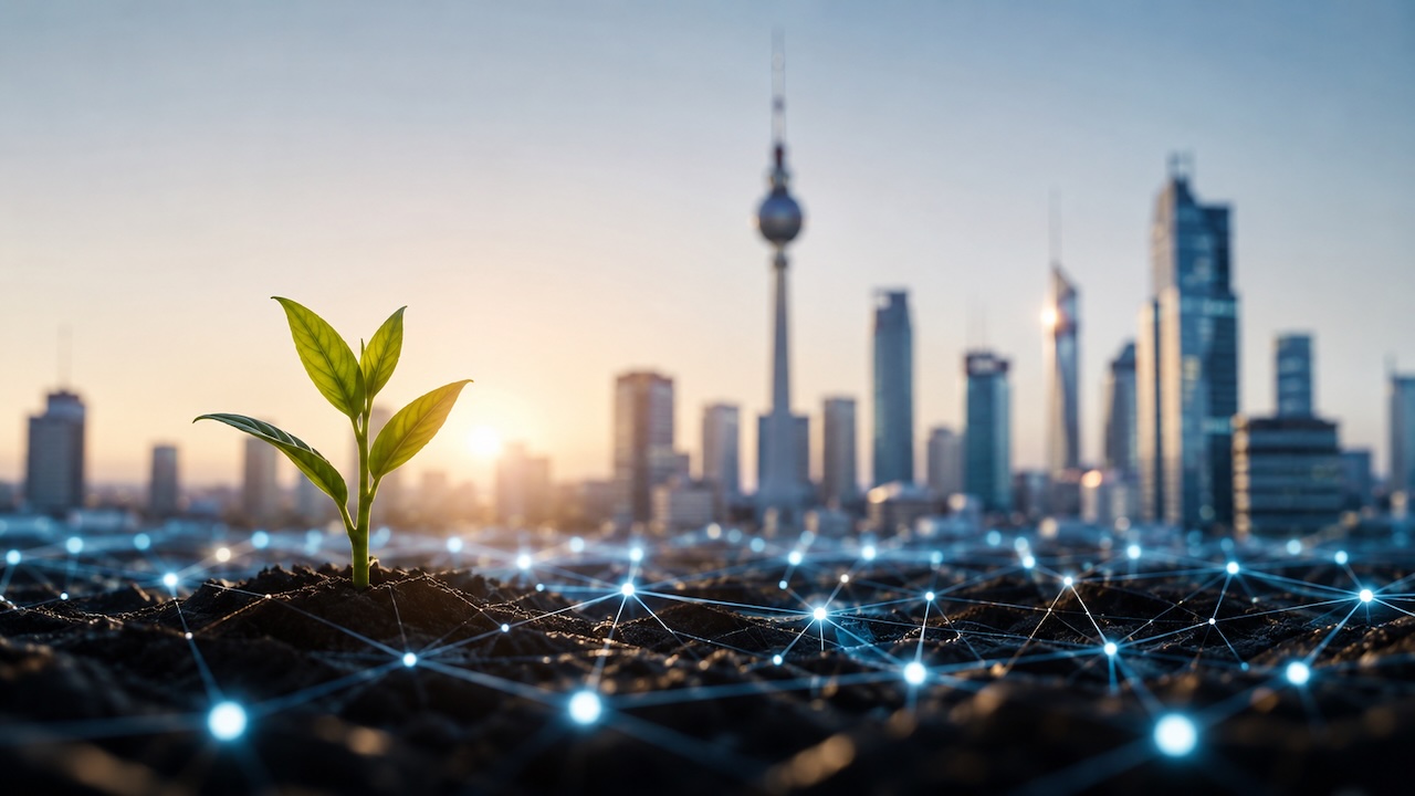 Junge Pflanze vor moderner Stadtsilhouette mit digitalem Netzwerk als Symbol für KI-gestütztes Start-up-Wachstum.