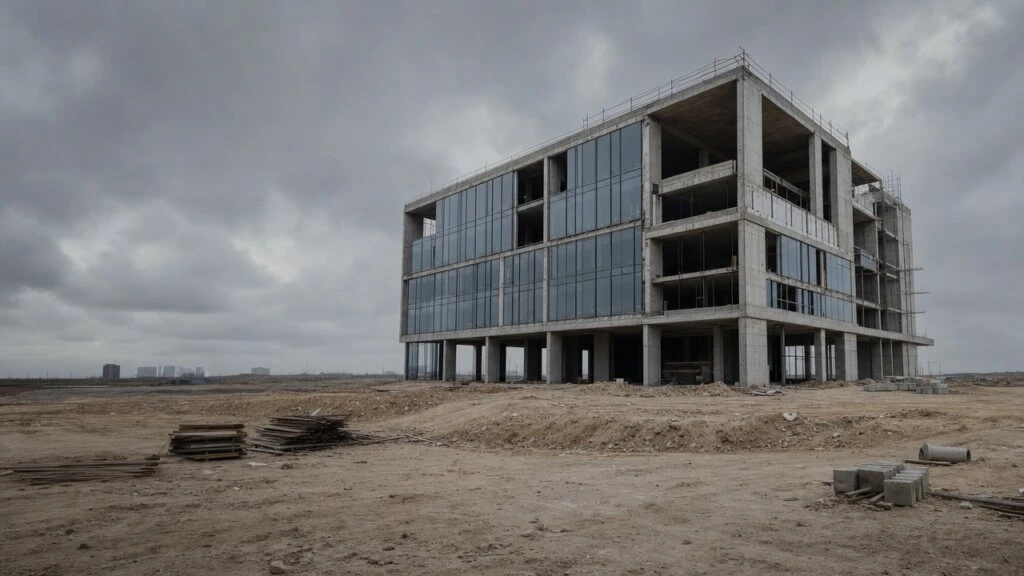 Teilweise fertiggestelltes modernes Bürogebäude auf unebenem, sandigem Baugrund ohne Arbeiter, mit Baumaterialien verstreut, unter bewölktem Himmel.