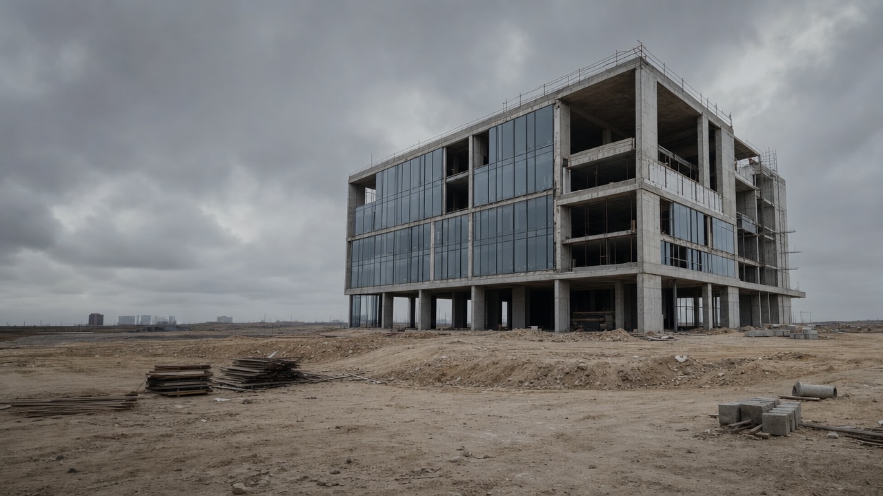 Teilweise fertiggestelltes modernes Bürogebäude auf unebenem, sandigem Baugrund ohne Arbeiter, mit Baumaterialien verstreut, unter bewölktem Himmel.
