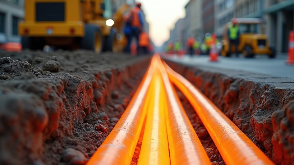 Verlegung von Erdkabeln auf einer Stadtstraße. Orange leuchtender Kabelkanal in einem Erdgraben, Baumaschinen. Fokus auf Glasfaserkabel und Stromversorgungsnetz. Aufbau städtischer Infrastruktur