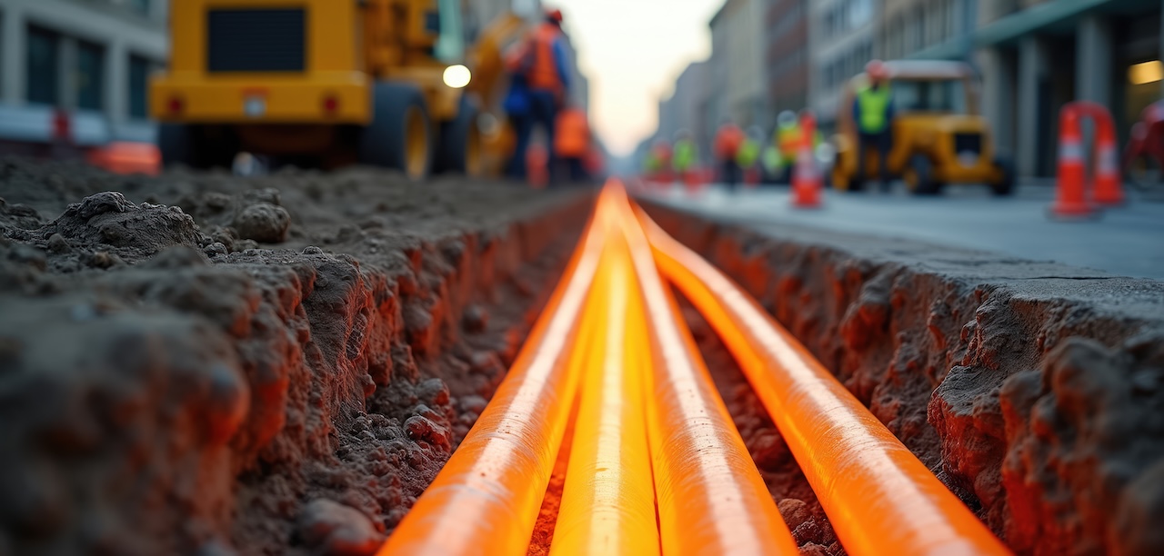 Verlegung von Erdkabeln auf einer Stadtstraße. Orange leuchtender Kabelkanal in einem Erdgraben, Baumaschinen. Fokus auf Glasfaserkabel und Stromversorgungsnetz. Aufbau städtischer Infrastruktur