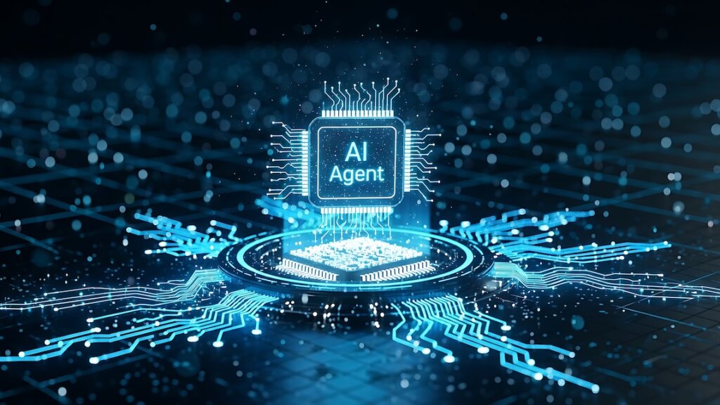 Ein KI-Agent-Prozessor, der ein futuristisches digitales Netzwerk steuert und fortschrittliche Systeme des maschinellen Lernens und der Datenverarbeitung veranschaulicht.