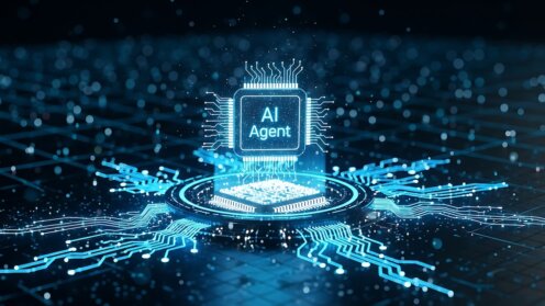 Ein KI-Agent-Prozessor, der ein futuristisches digitales Netzwerk steuert und fortschrittliche Systeme des maschinellen Lernens und der Datenverarbeitung veranschaulicht.