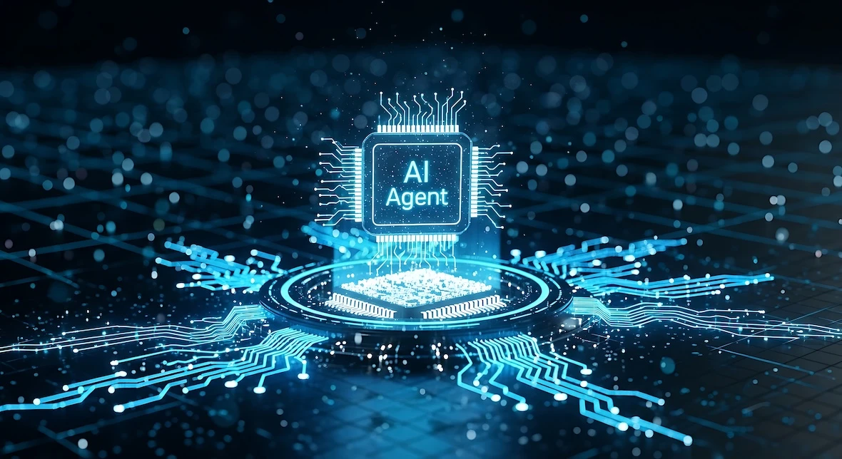 Ein KI-Agent-Prozessor, der ein futuristisches digitales Netzwerk steuert und fortschrittliche Systeme des maschinellen Lernens und der Datenverarbeitung veranschaulicht.