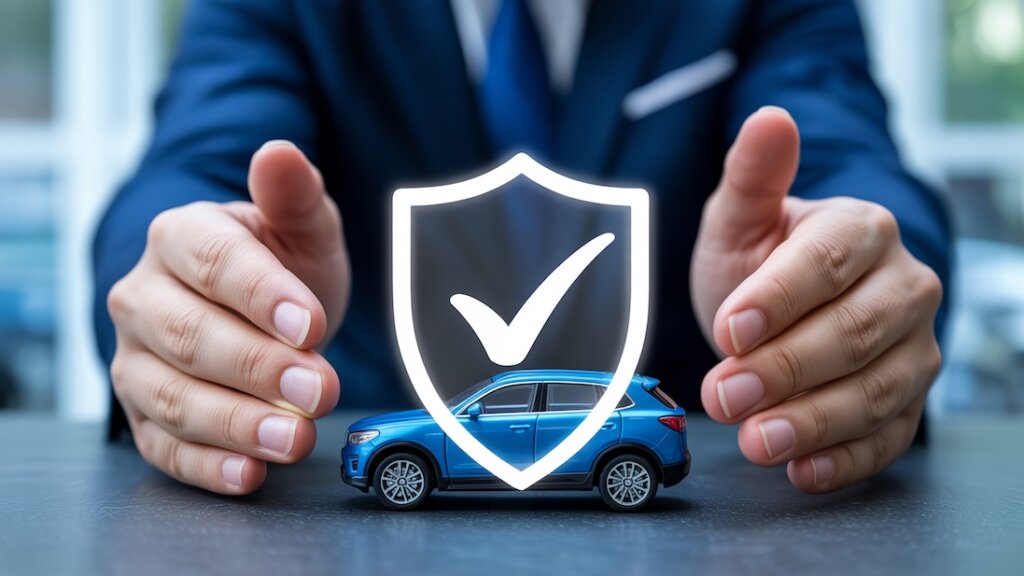 Eine Person hält die Hände schützend um ein Auto: Symbol für Kfz-Versicherung