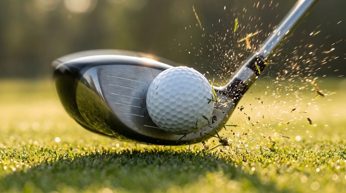 Ein Golfball wird getroffen, Gras und Erde hochgewirbelt