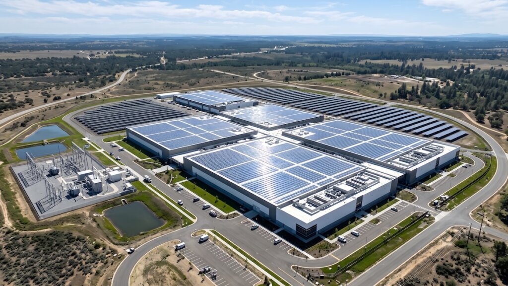 Luftaufnahme eines Rechenzentrums-Campus mit riesigen Solaranlagen auf dem Dach und umliegenden Solarfeldern unter strahlend blauem Himmel – eine „Renewable Energy Cloud“-Anlage